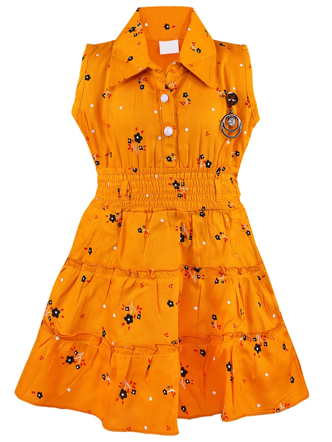 

Wish Karo Girls Floral Printed Smocked Detailed Fit & Flare Dress, Mustard