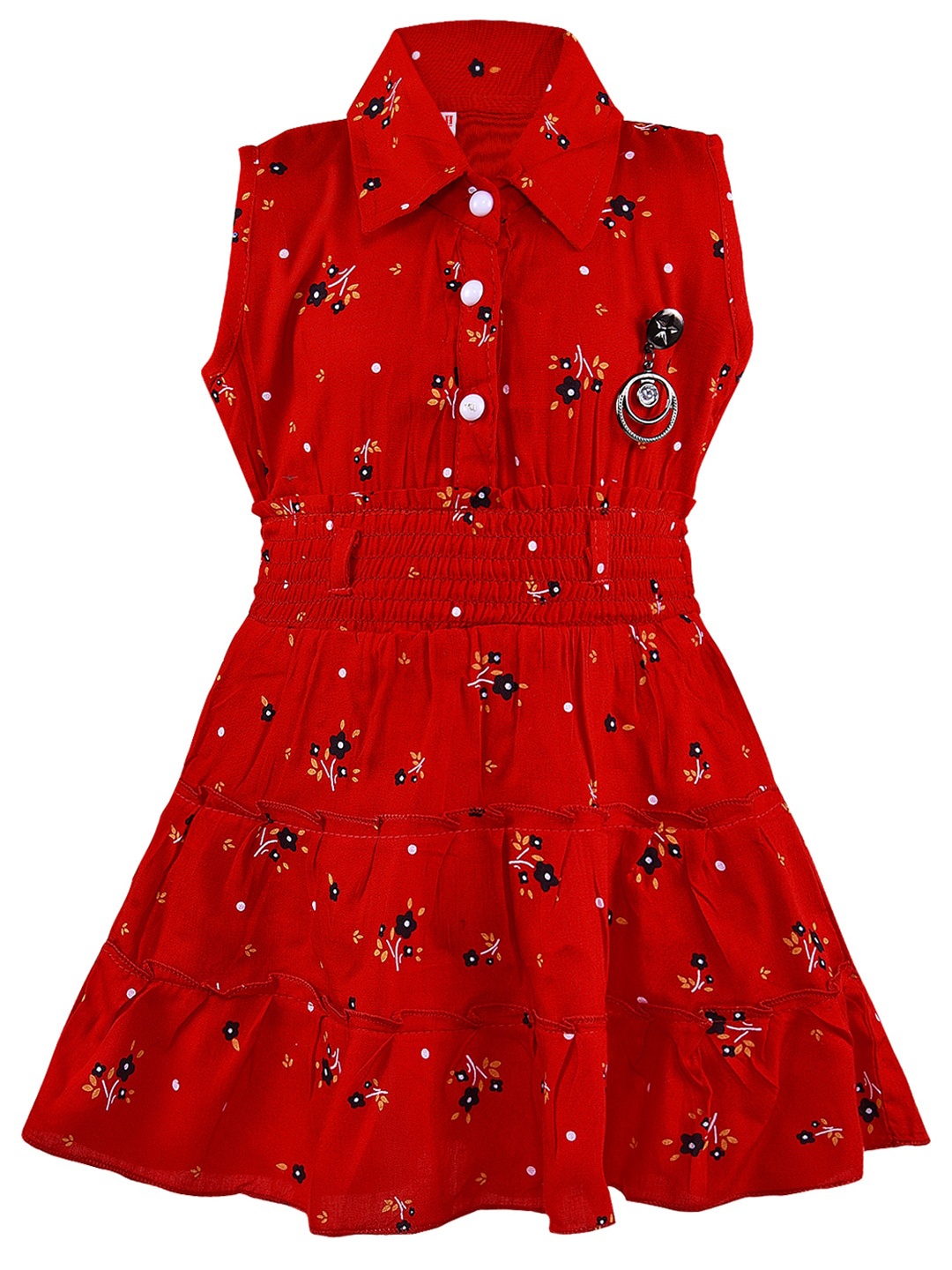 

Wish Karo Girls Floral Printed Smocked Detailed Fit & Flare Dress, Red