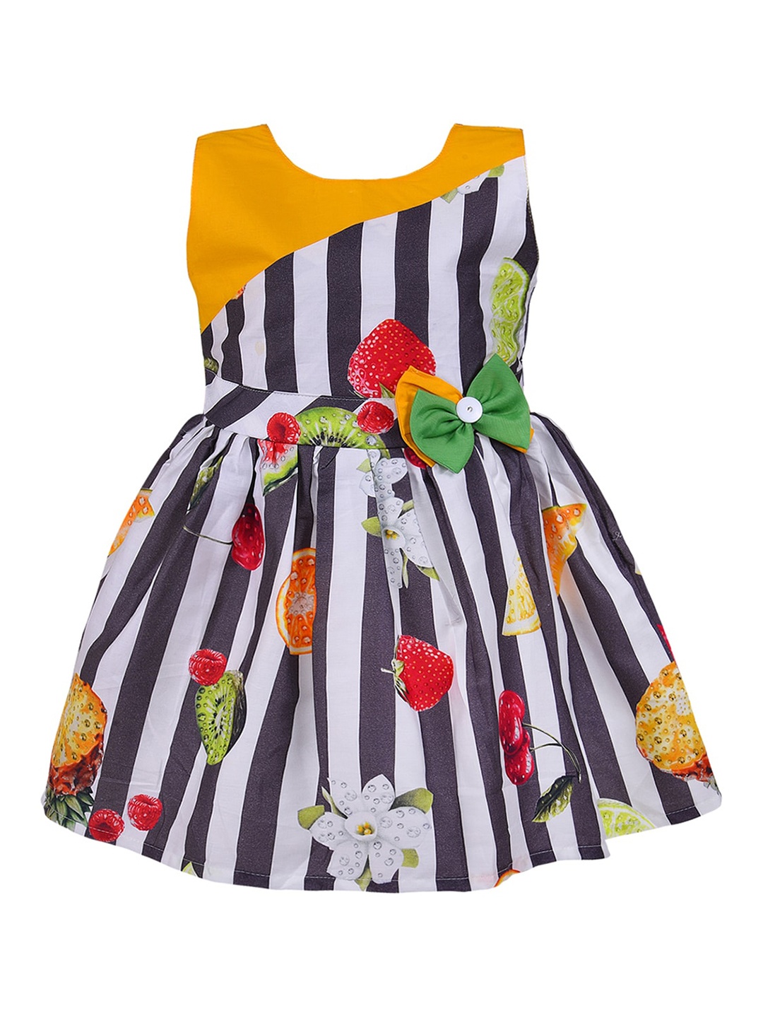 

Wish Karo Girls Conversational Striped Bow Detailed Fit & Flare Dress, Grey