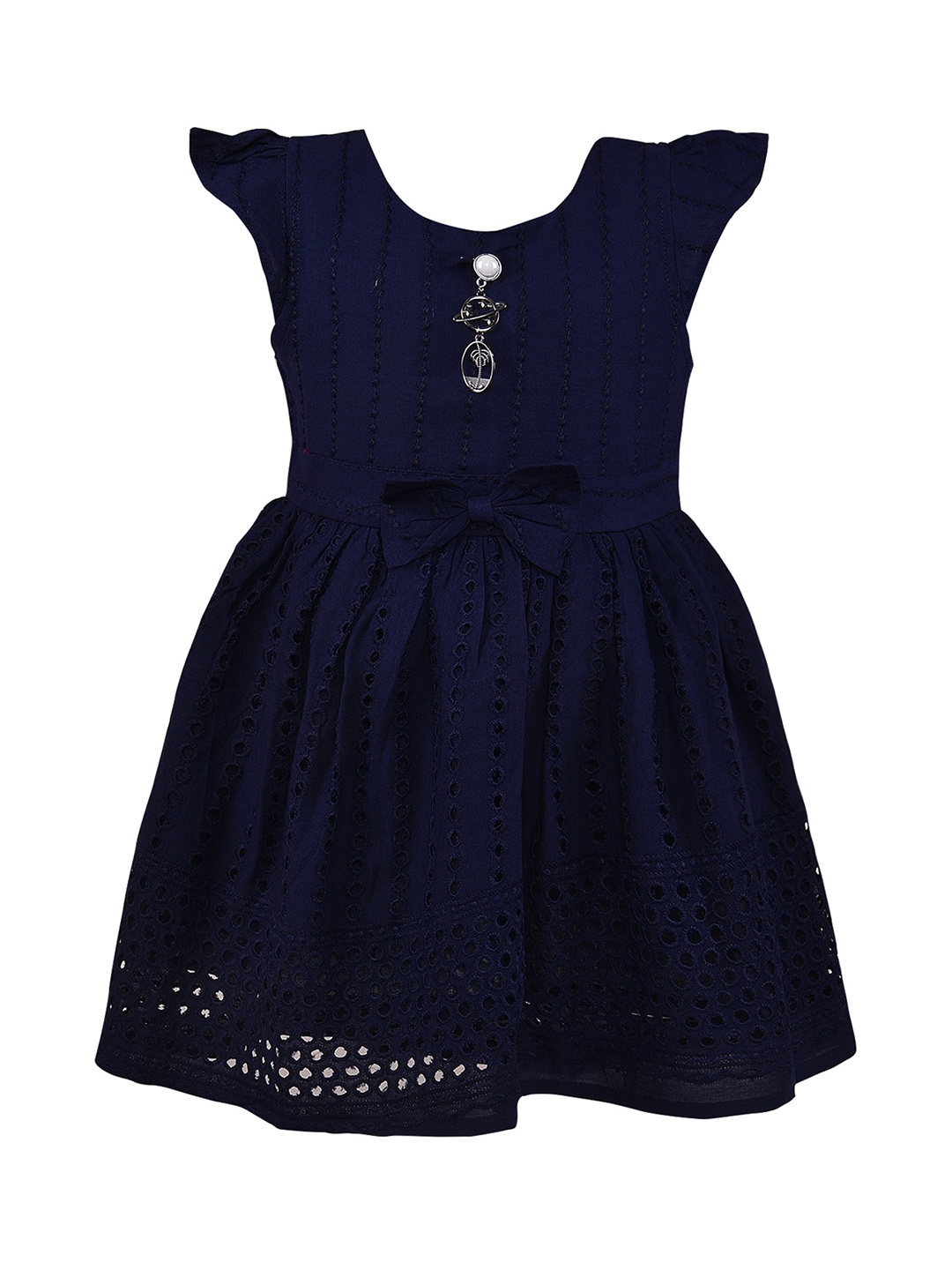 

Wish Karo Girls Self Design Cap Sleeve Bow Detailed Cotton Fit & Flare Dress, Navy blue