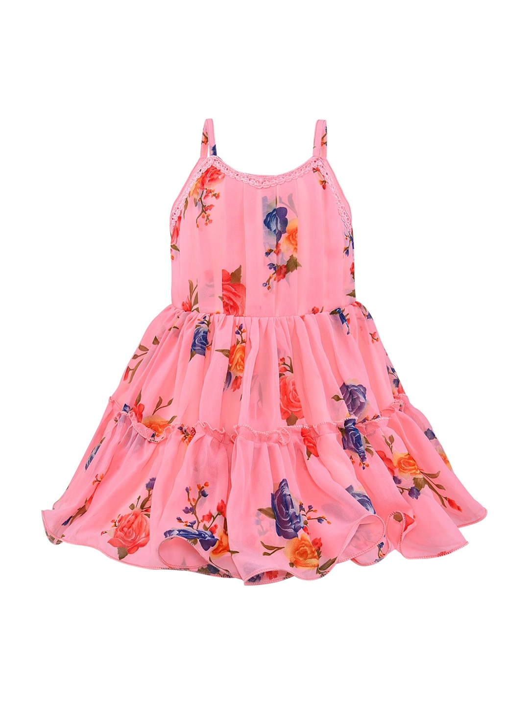 

Wish Karo Girls Floral Printed Pleated Georgette Fit & Flare Dress, Peach