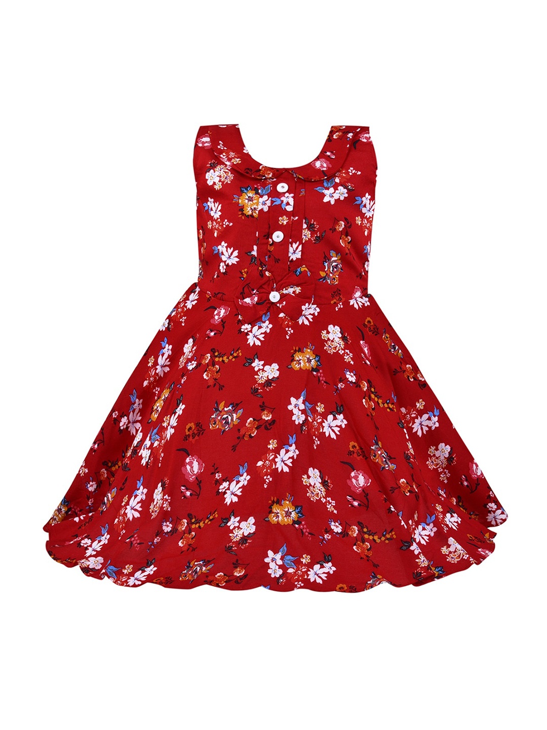 

Wish Karo Girls Floral Printed Bow Detailed Cotton Fit & Flare Dress, Red