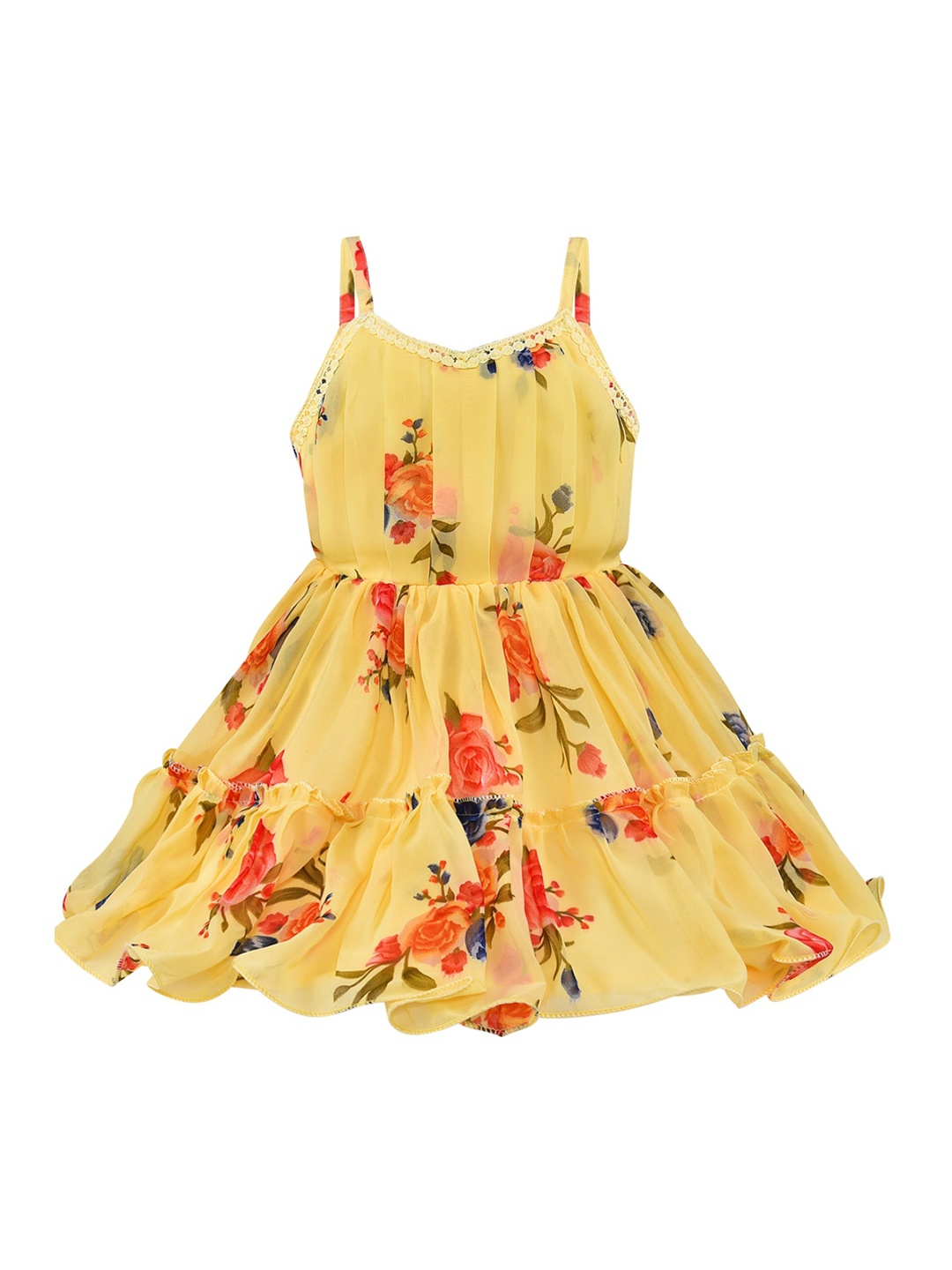 

Wish Karo Girls Floral Printed Shoulder Straps Pleated Georgette Fit & Flare Dress, Yellow