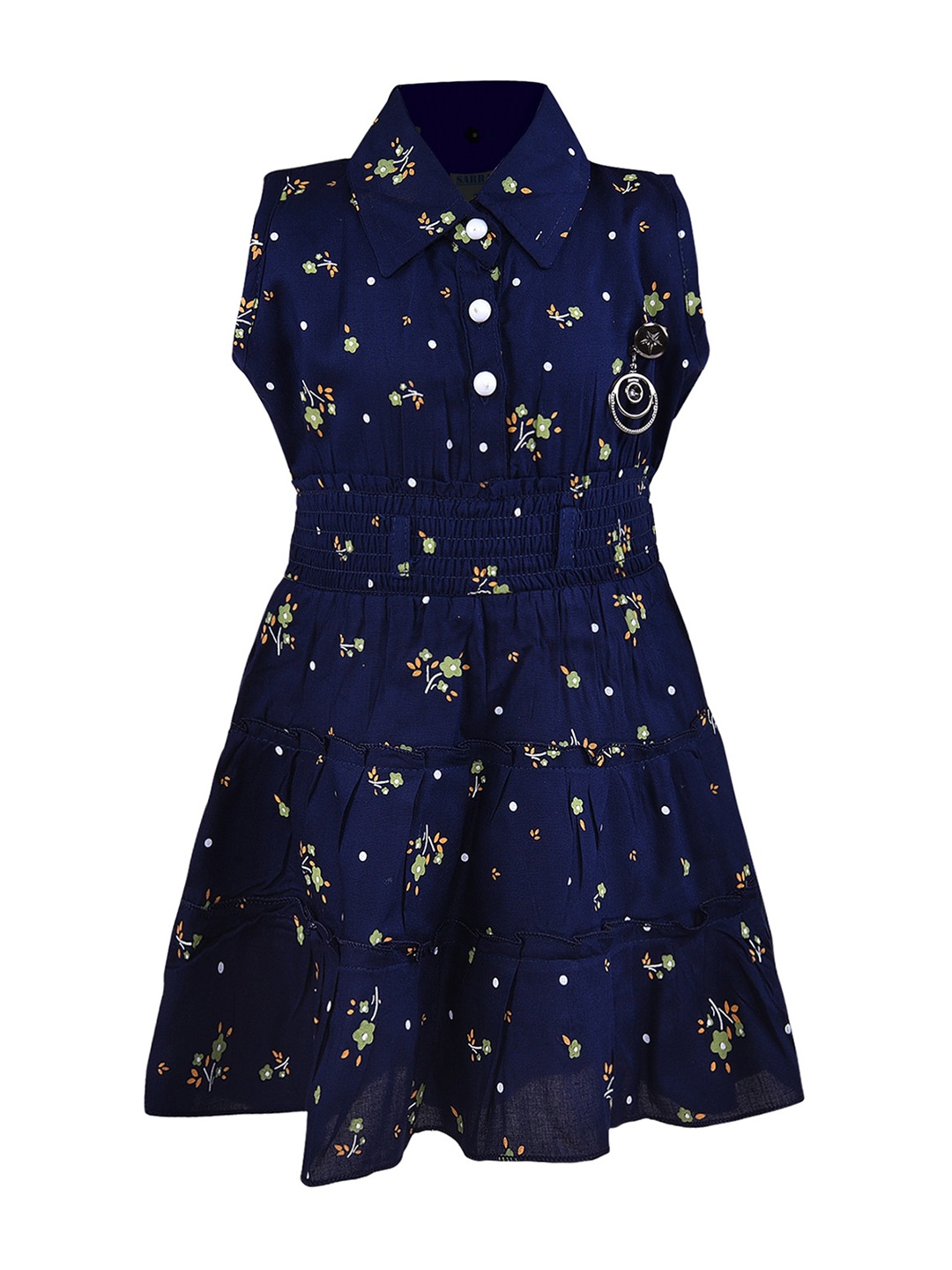 

Wish Karo Girls Floral Printed Smocked Detailed Fit & Flare Dress, Navy blue