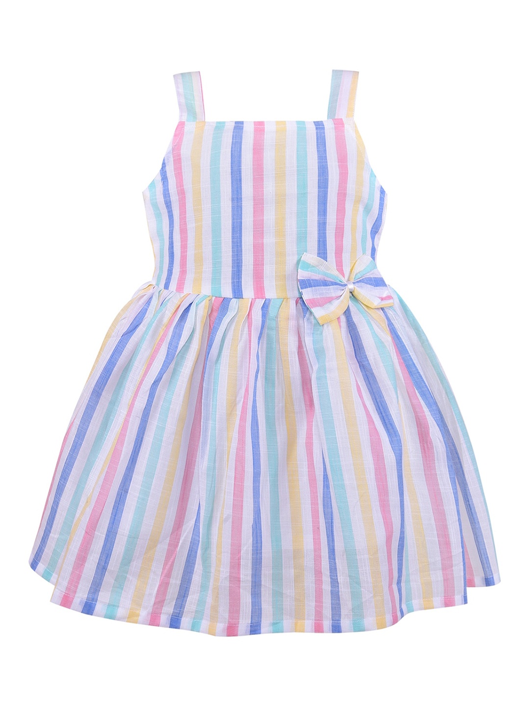 

Wish Karo Girls Candy Striped Bow Detailed Cotton Fit & Flare Dress, White