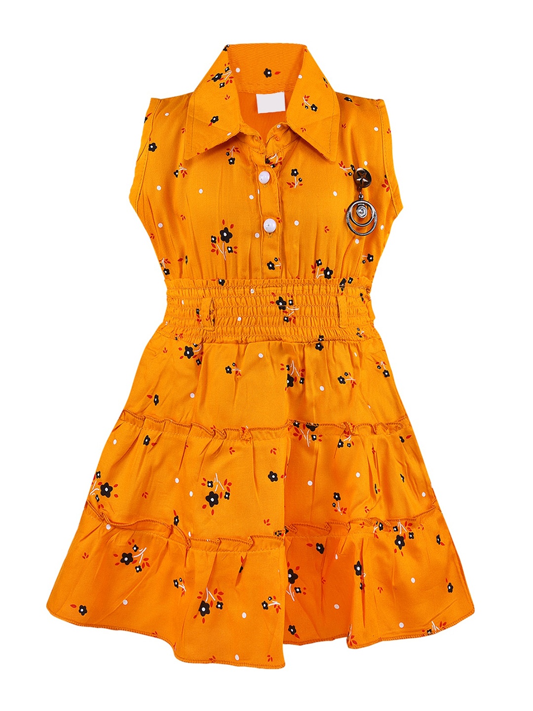 

Wish Karo Girls Floral Printed Shirt Collar Smocked Tiered Fit & Flare Dress, Mustard