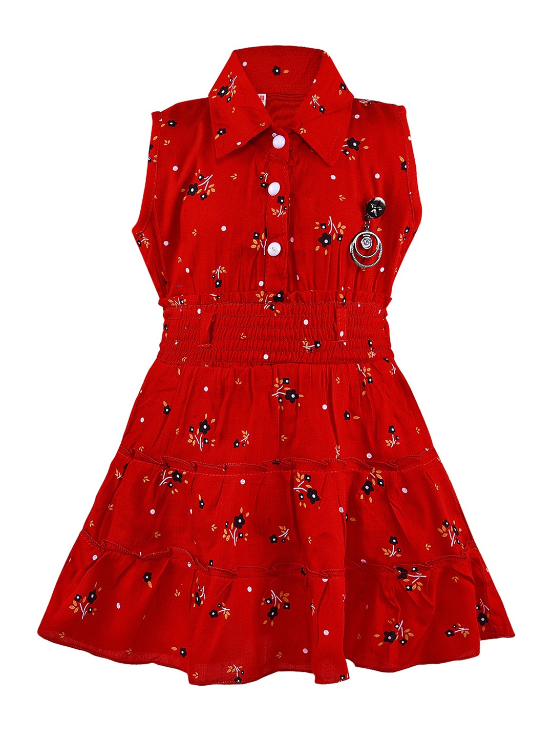 

Wish Karo Girls Floral Printed Shirt Collar Smocked Tiered Fit & Flare Dress, Red
