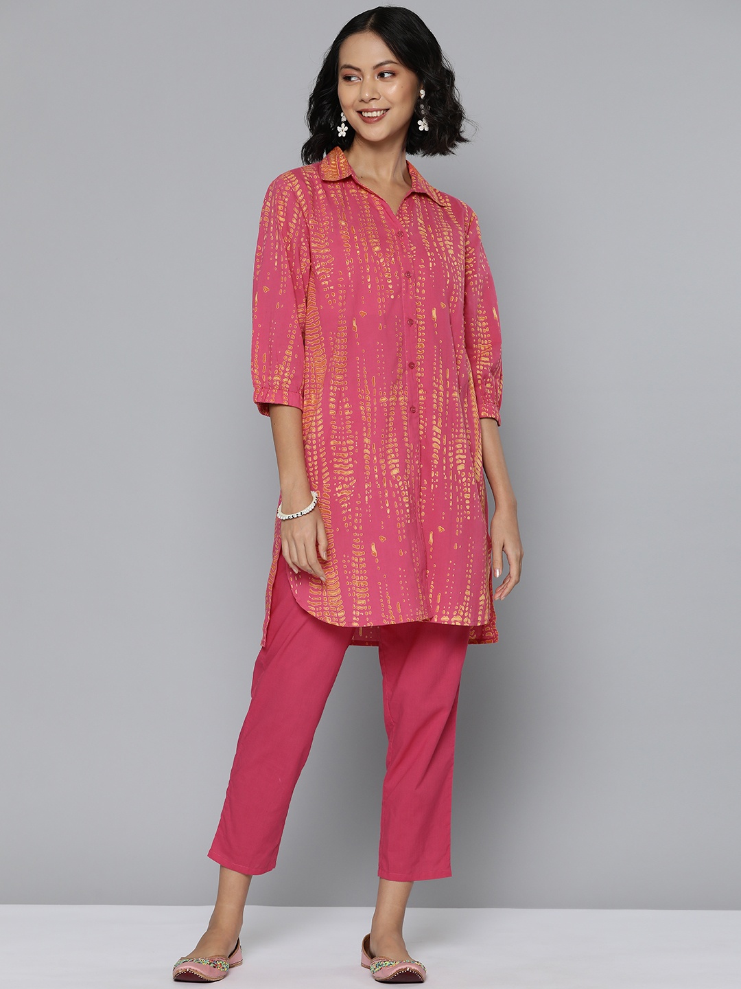 

HERE&NOW Printed Shirt Collar Pure Cotton Kurta with Trousers, Pink