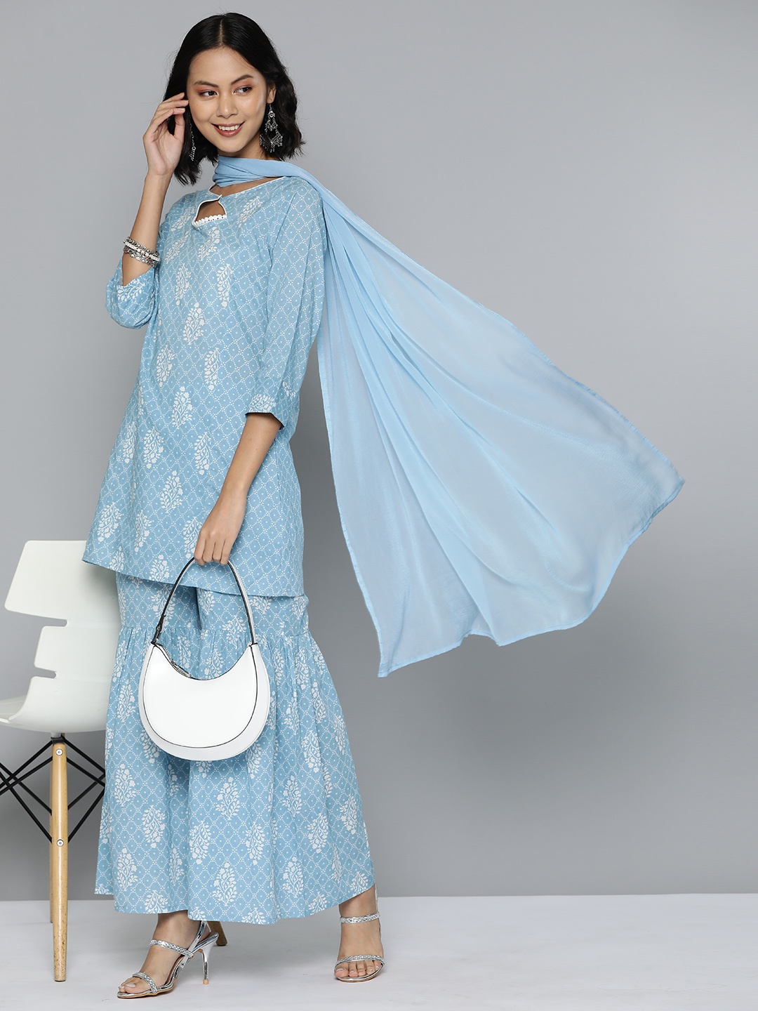 

HERE&NOW Printed Pure Cotton Kurta with Sharara & Dupatta, Blue