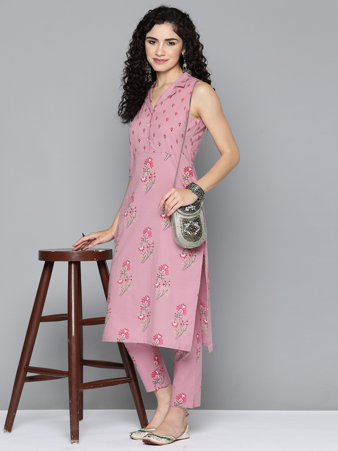 

HERE&NOW Floral Printed Shirt Collar Pure Cotton Kurta with Trousers, Rose
