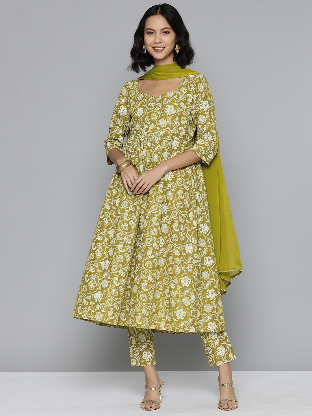 

HERE&NOW Ethnic Motifs Printed Gotta Patti Pure Cotton Kurta with Trousers & Dupatta, Olive