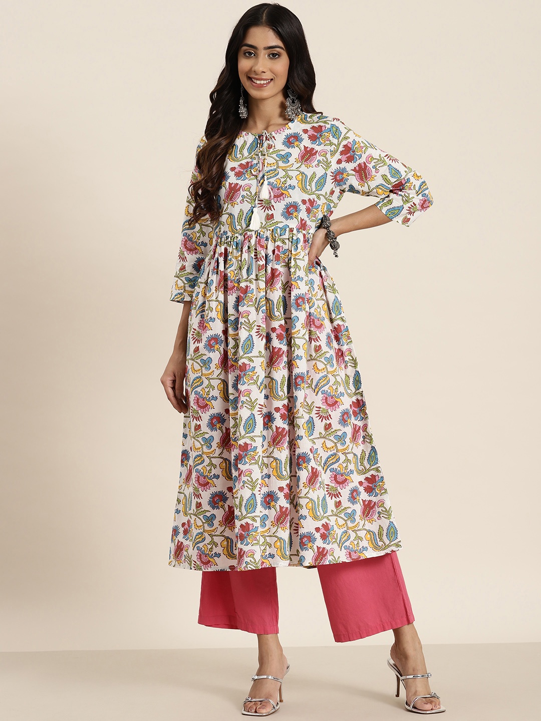 

HERE&NOW Ethnic Motifs Print Pleated A-Line Pure Cotton Kurta, White