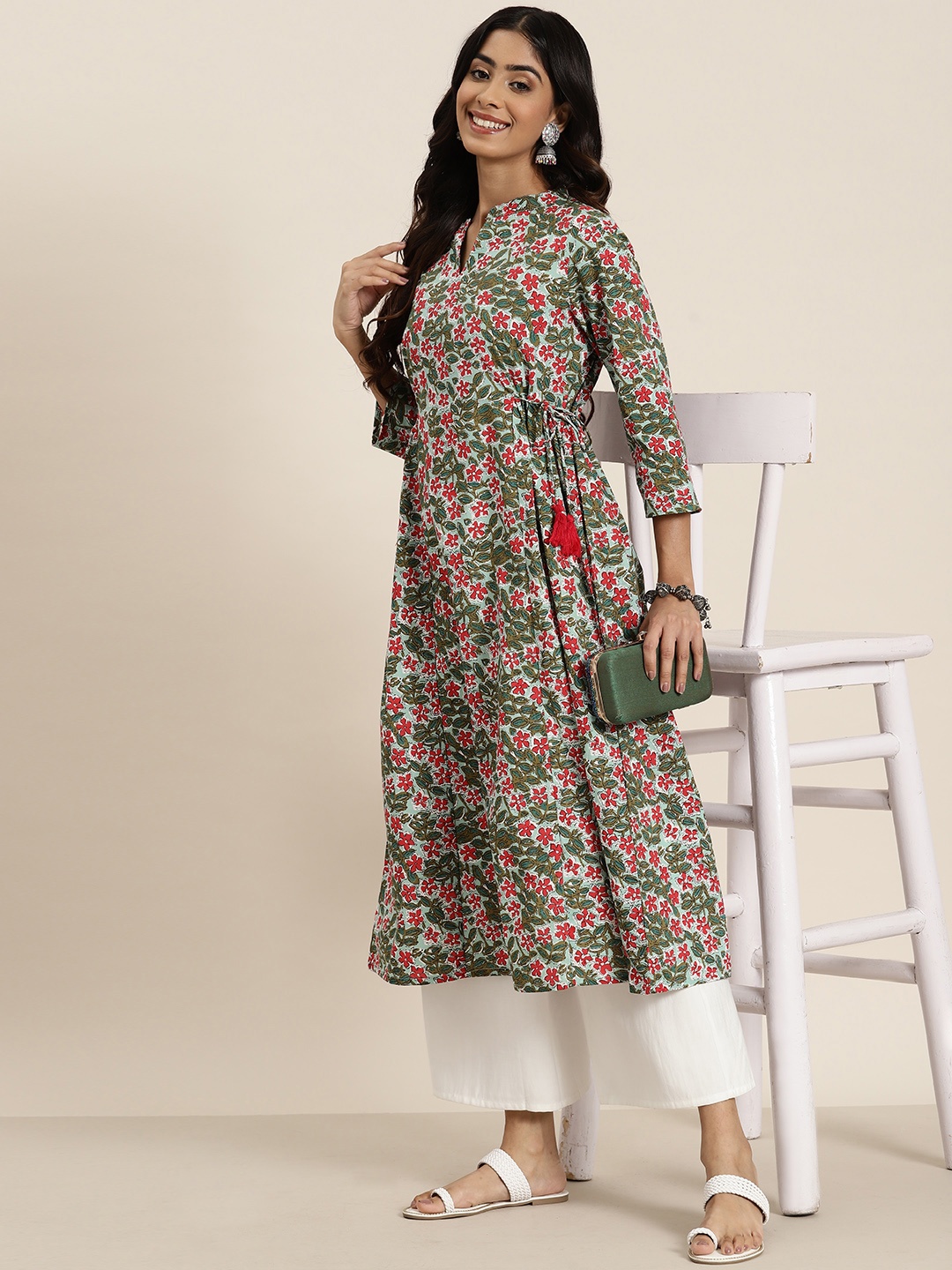 

HERE&NOW Paisley Print Pure Cotton Kurta, Green