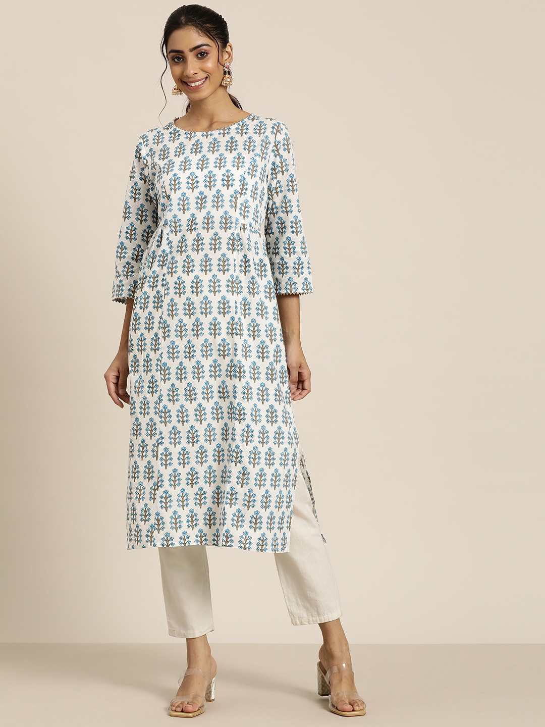 

HERE&NOW Pure Cotton Floral Print Gotta Patti Kurta, White