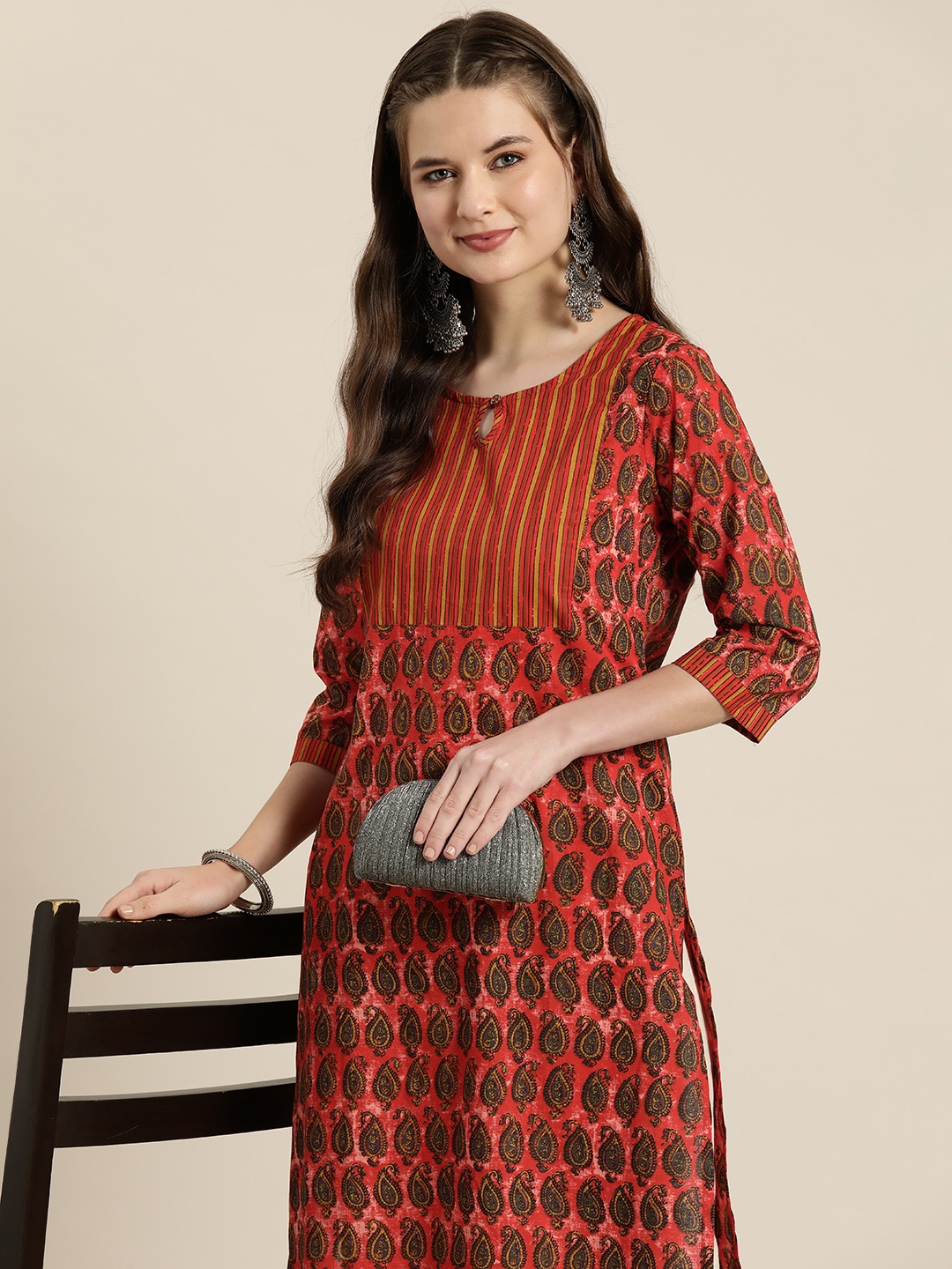 

HERE&NOW Women Pure Cotton Paisley Printed Keyhole Neck Straight Kurta, Red
