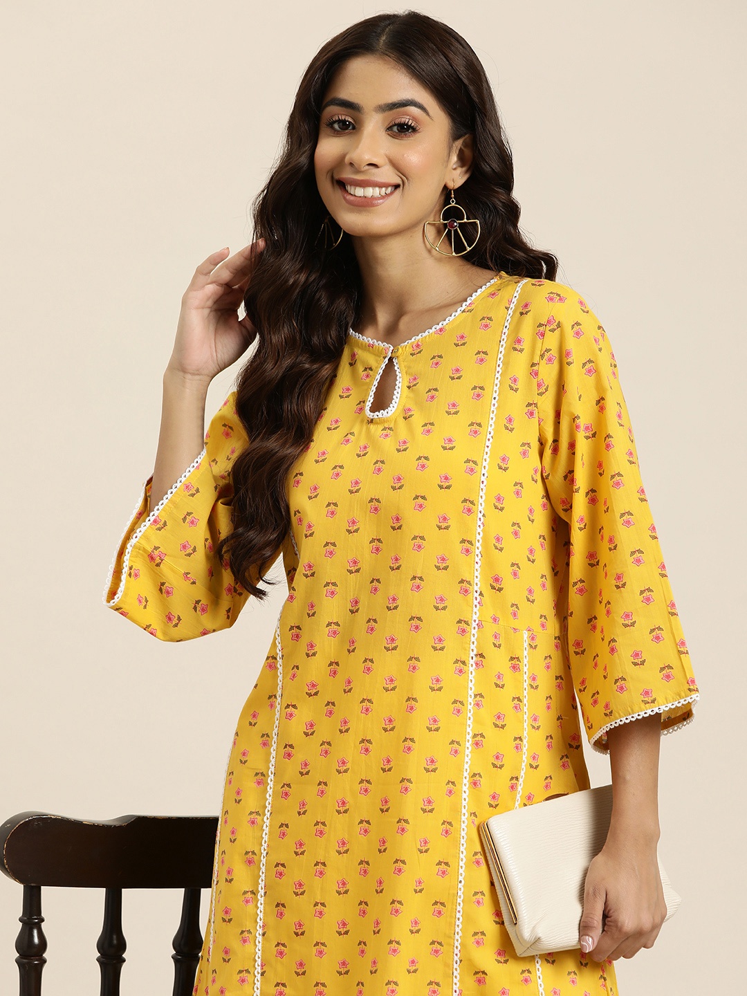 

HERE&NOW Floral Printed Keyhole Neck Lace Insert Pure Cotton A-line Kurta, Yellow