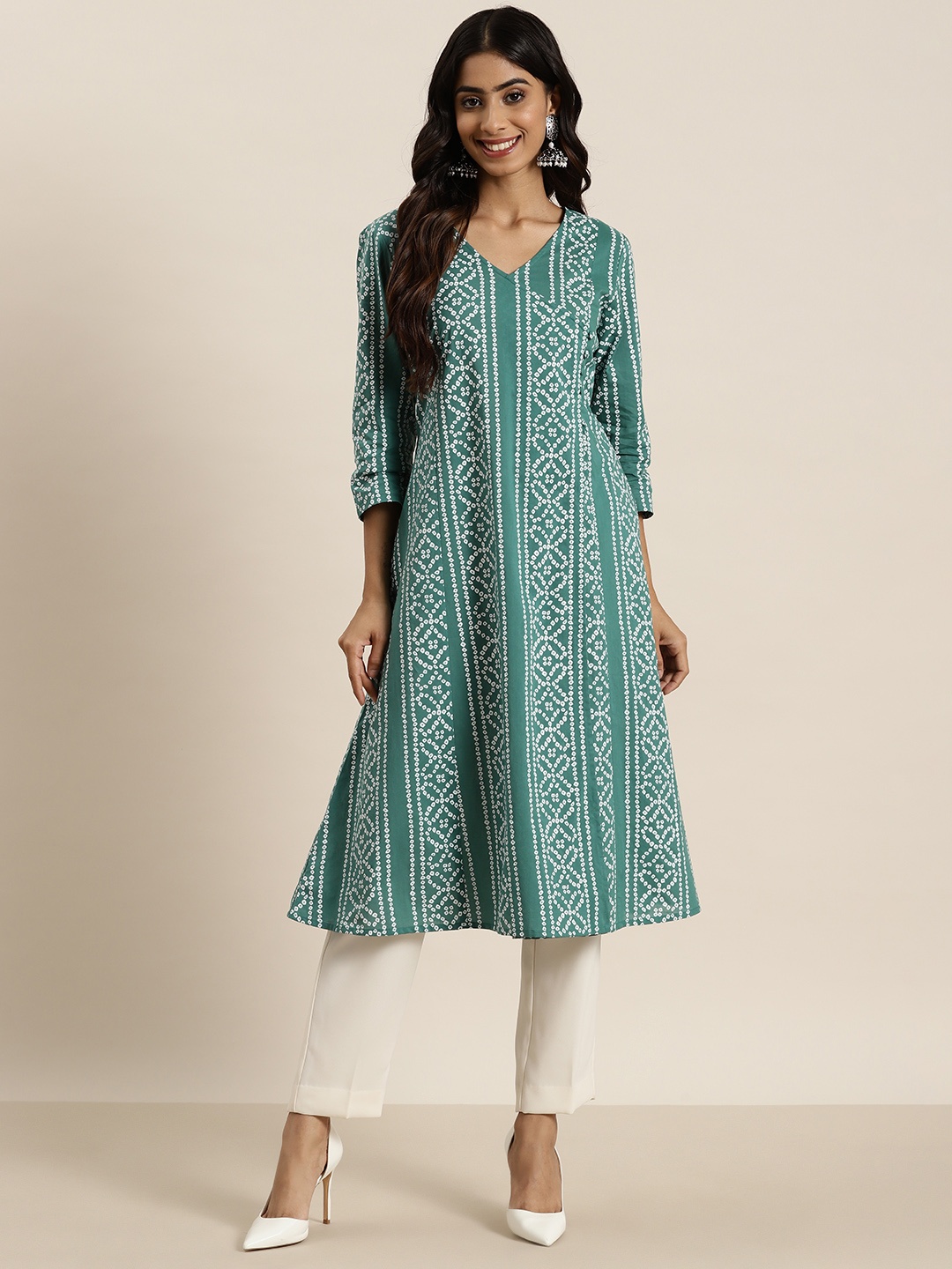 

HERE&NOW Cotton Bandhani Print Angrakha Kurta, Green