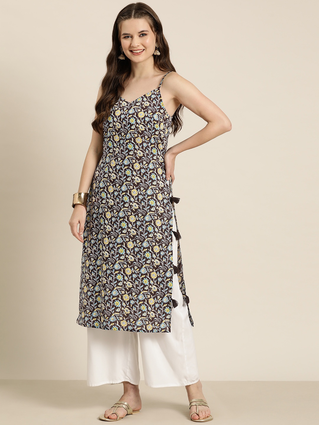 

HERE&NOW Pure Cotton Ethnic Motifs Printed Kurta, Black