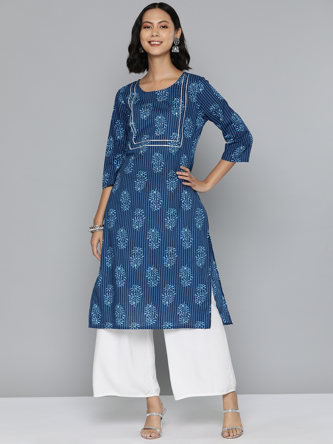 

HERE&NOW Women Cotton Printed Gotta Patti Kurta, Blue