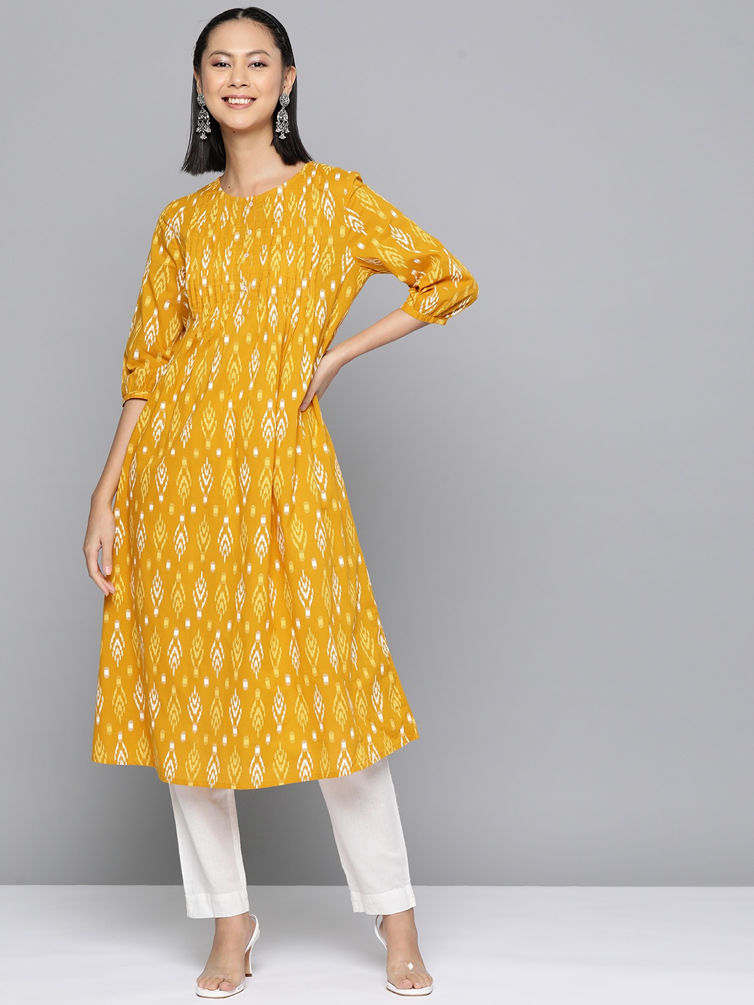 

HERE&NOW Ikat Print Pleated A-Line Kurta, Mustard