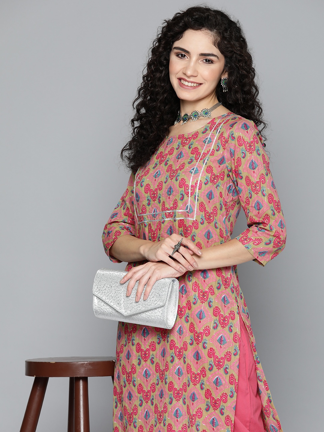 

HERE&NOW Ethnic Motifs Printed Sequin Detail Pure Cotton Kurta, Olive