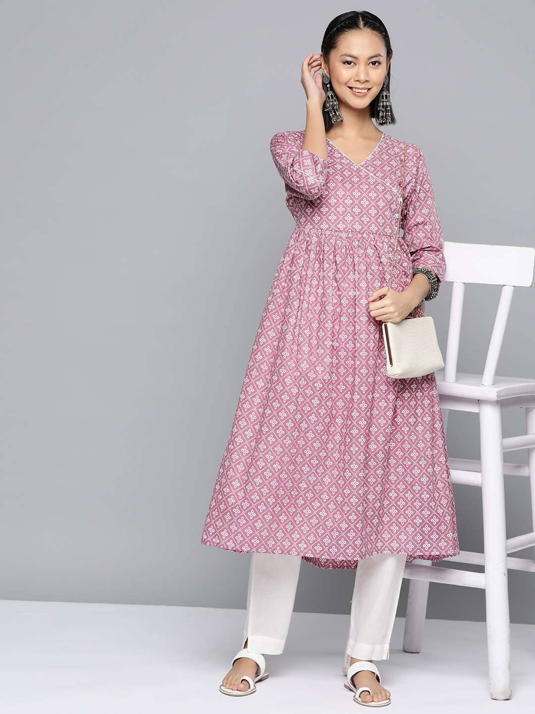 

HERE&NOW Ethnic Motifs Printed Sequined Detail Angrakha Kurta, Mauve