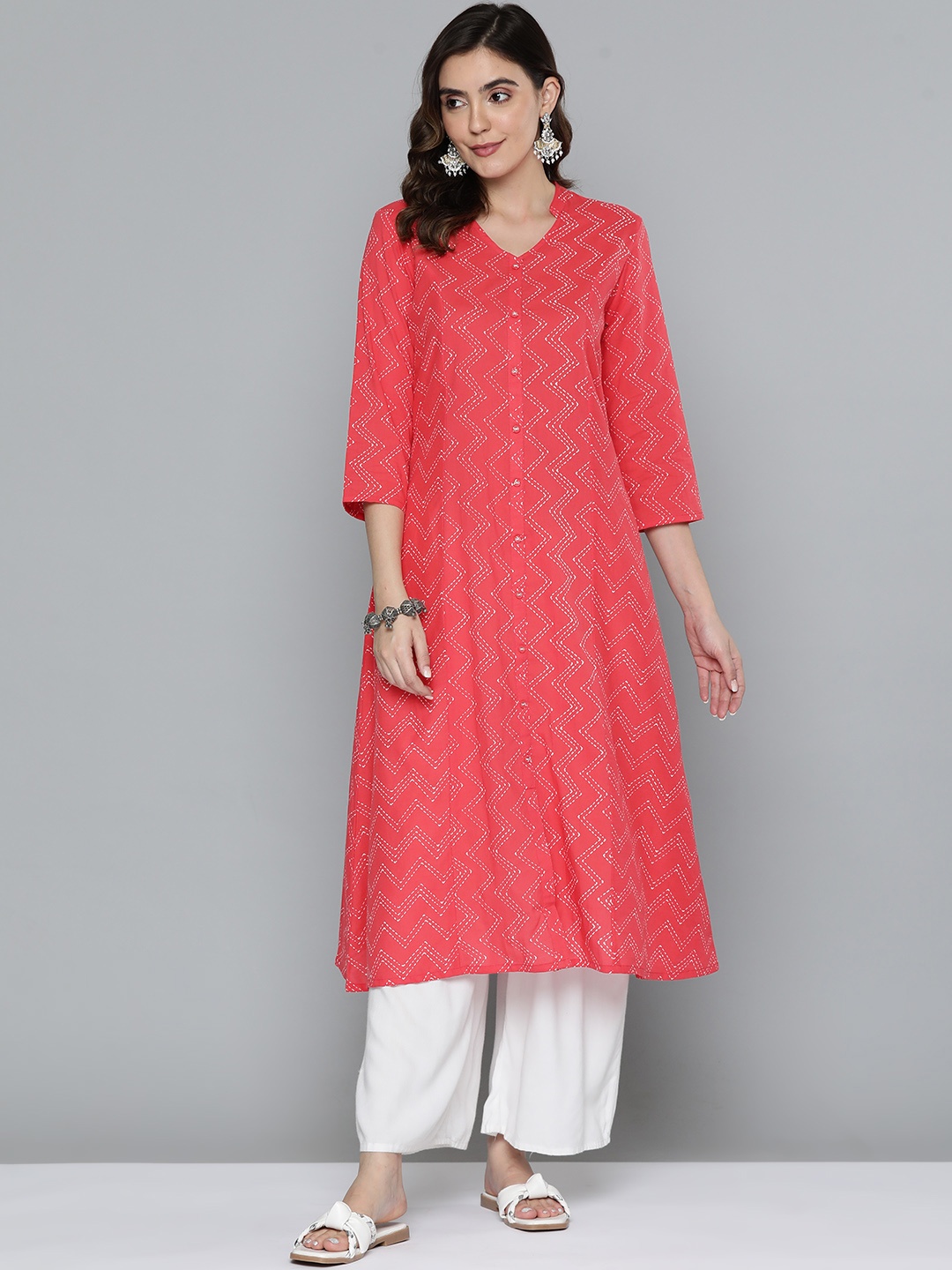 

HERE&NOW Chevron Printed Pure Cotton A-Line Kurta, Red