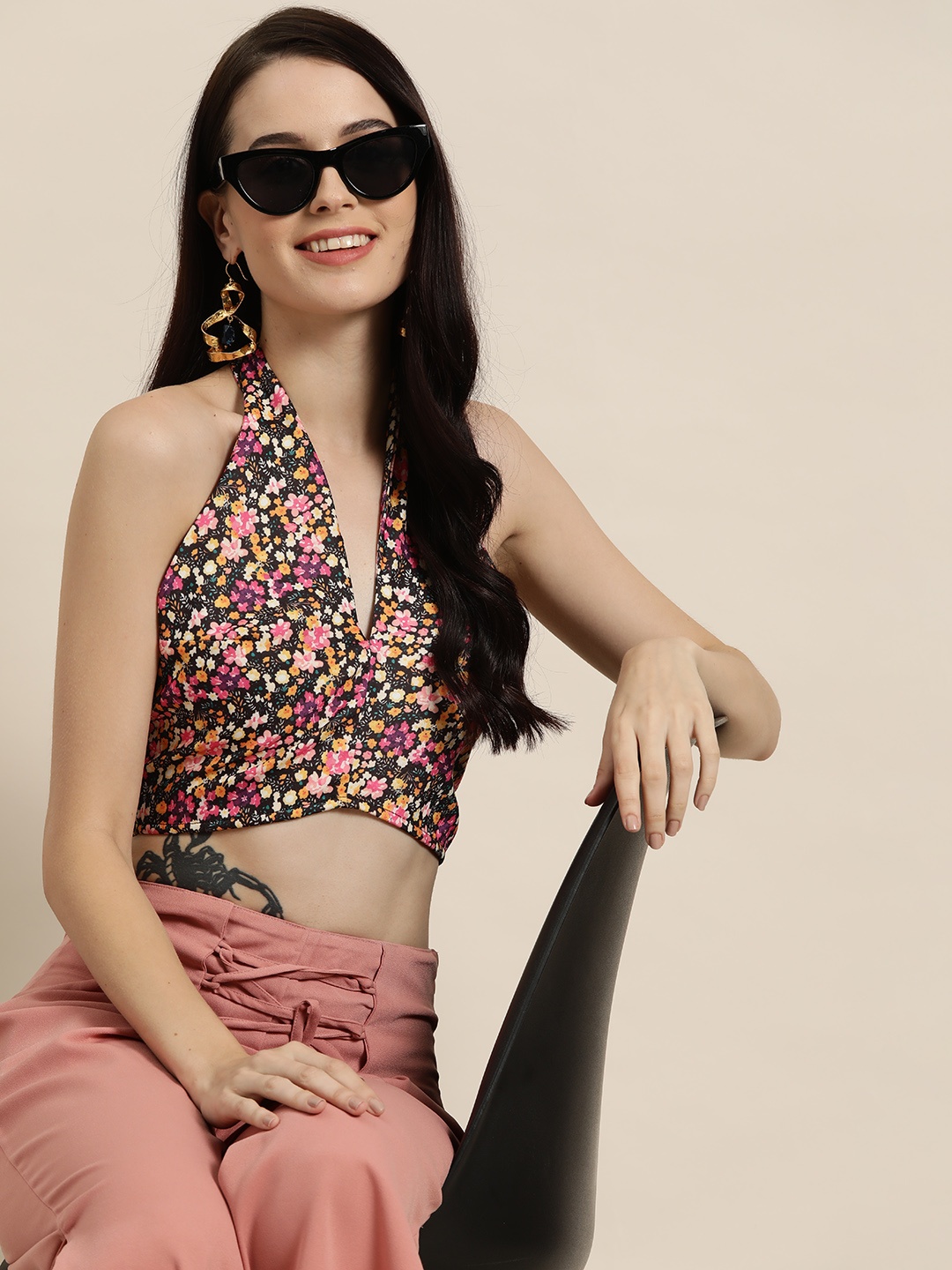 

HERE&NOW Floral Print Halter Neck Smocked Crop Top, Black