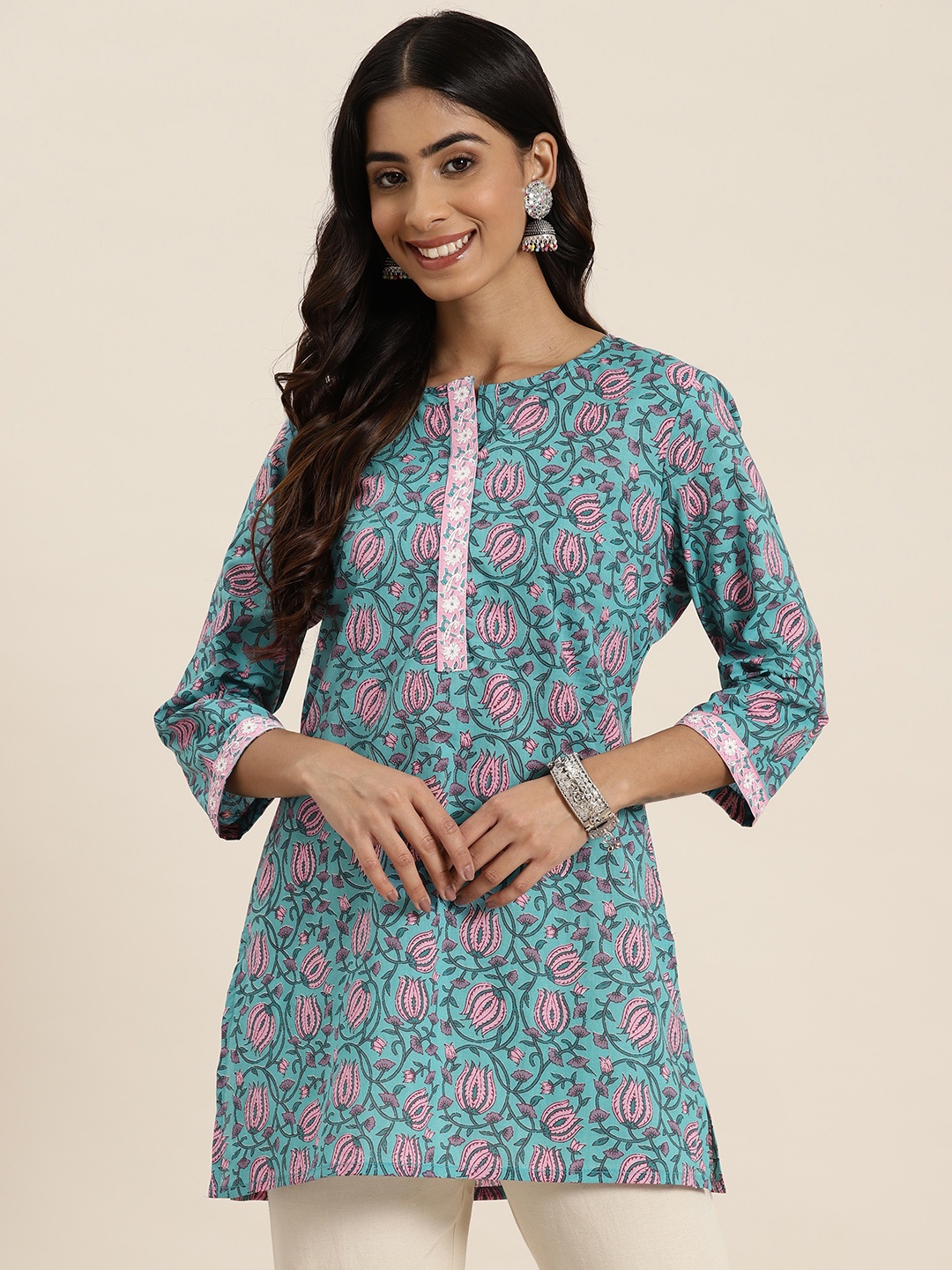 

HERE&NOW Pure Cotton Floral Printed Kurti, Teal