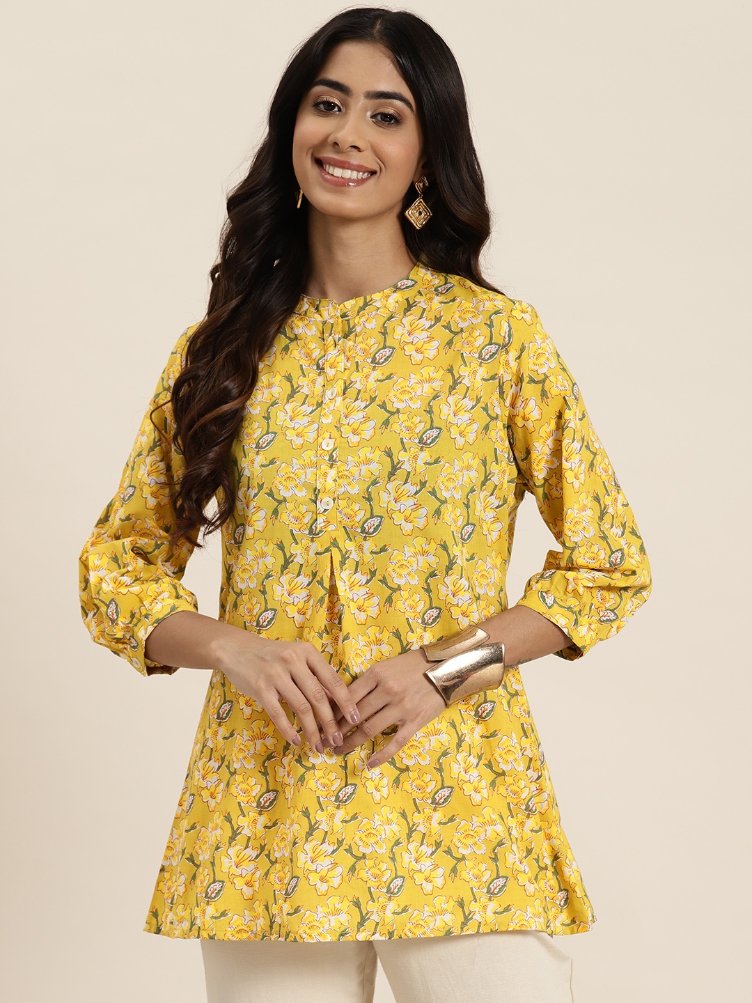 

HERE&NOW Pure Cotton Floral Printed Kurti, Yellow