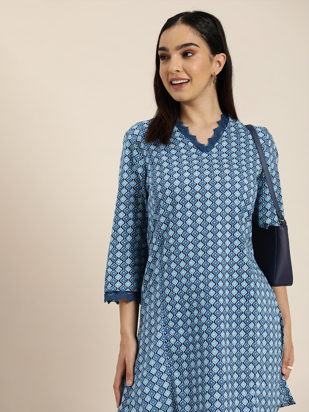 

HERE&NOW Women Printed Regular Pure Cotton Kurta With Trousers, Blue