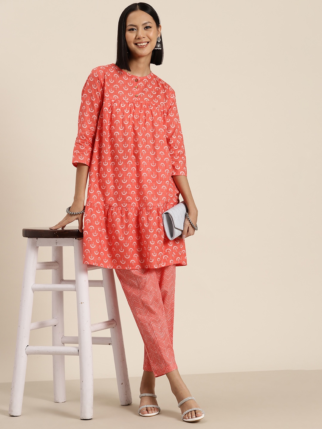 

HERE&NOW Printed Pleated Pure Cotton Kurta with Trousers, Peach