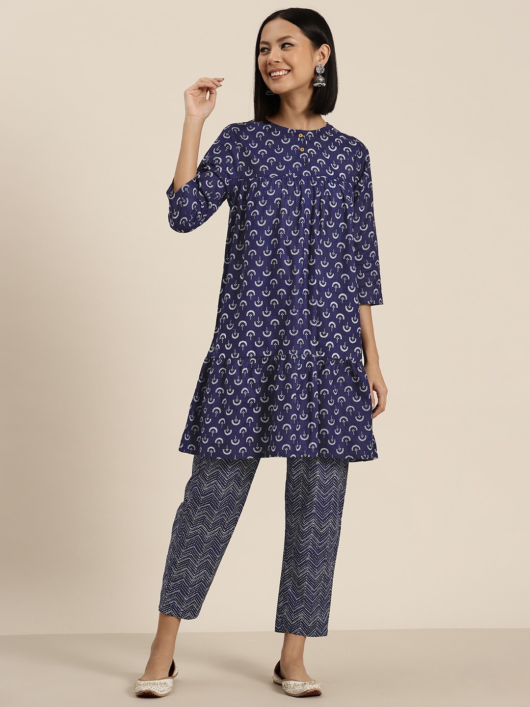 

HERE&NOW Printed Pleated Pure Cotton Kurta with Trousers, Navy blue
