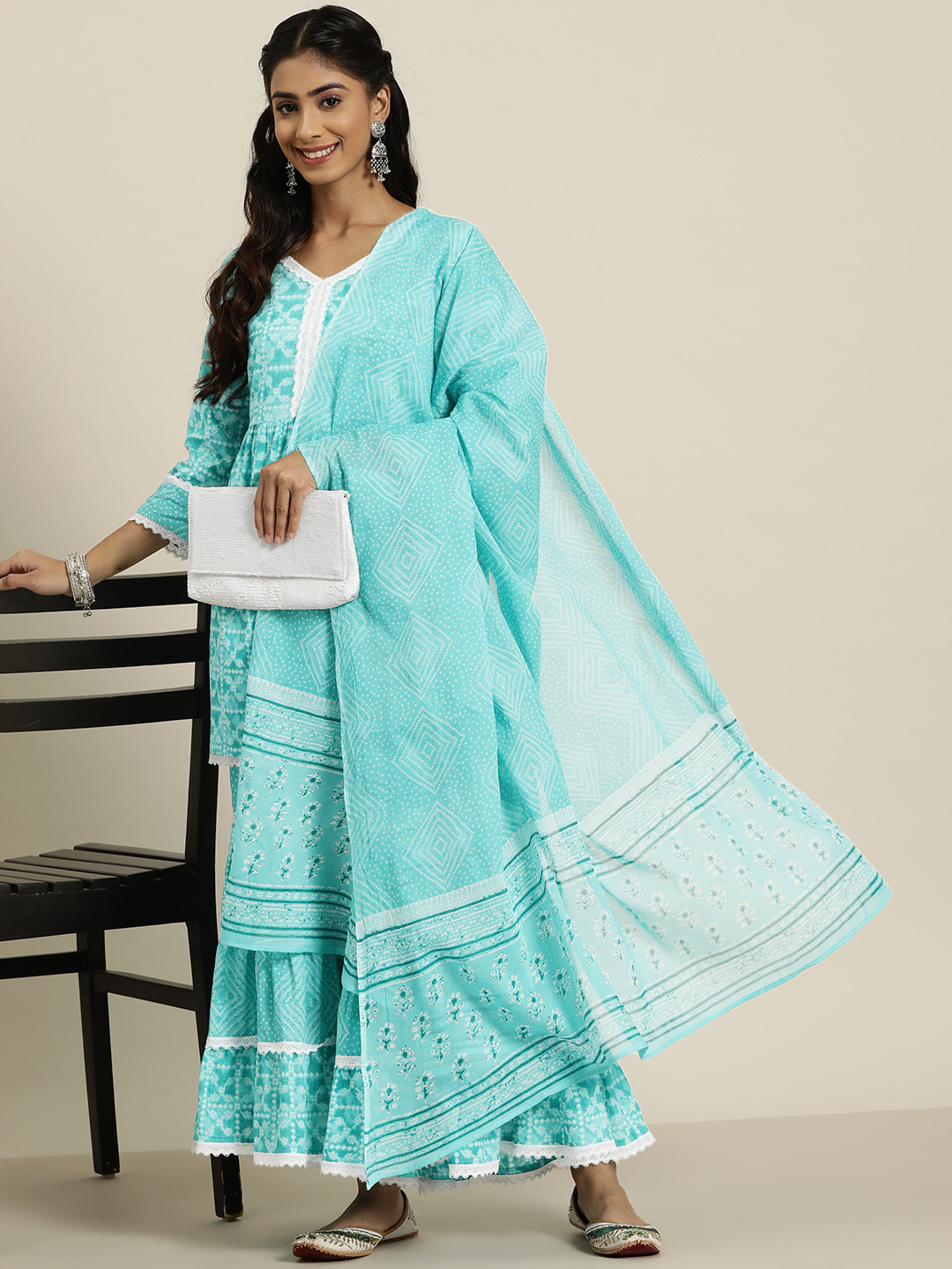 

HERE&NOW Ethnic Motifs Printed Pure Cotton Kurta with Sharara & Dupatta, Blue