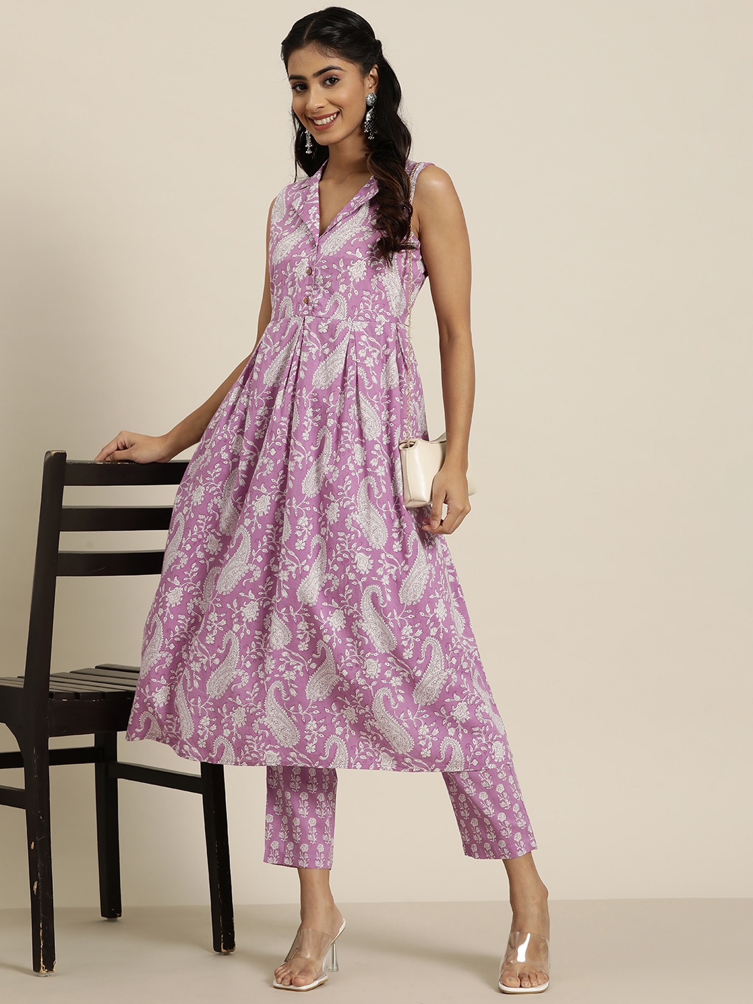 

HERE&NOW Ethnic Motifs Printed Pure Cotton Kurta with Trousers, Lavender