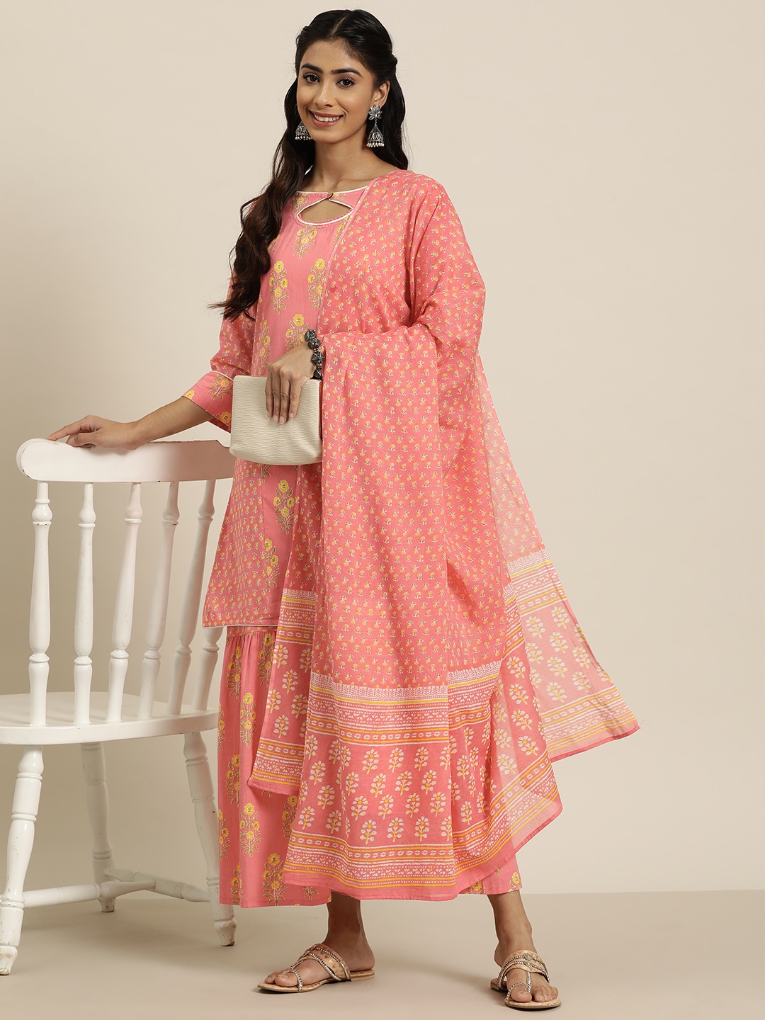 

HERE&NOW Floral Printed Pure Cotton Kurta with Sharara & Dupatta, Peach