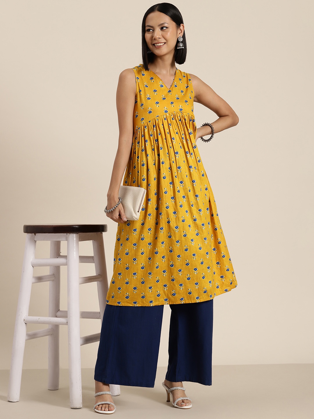 

HERE&NOW Pure Cotton Floral Printed A-Line Pleated Kurta, Mustard