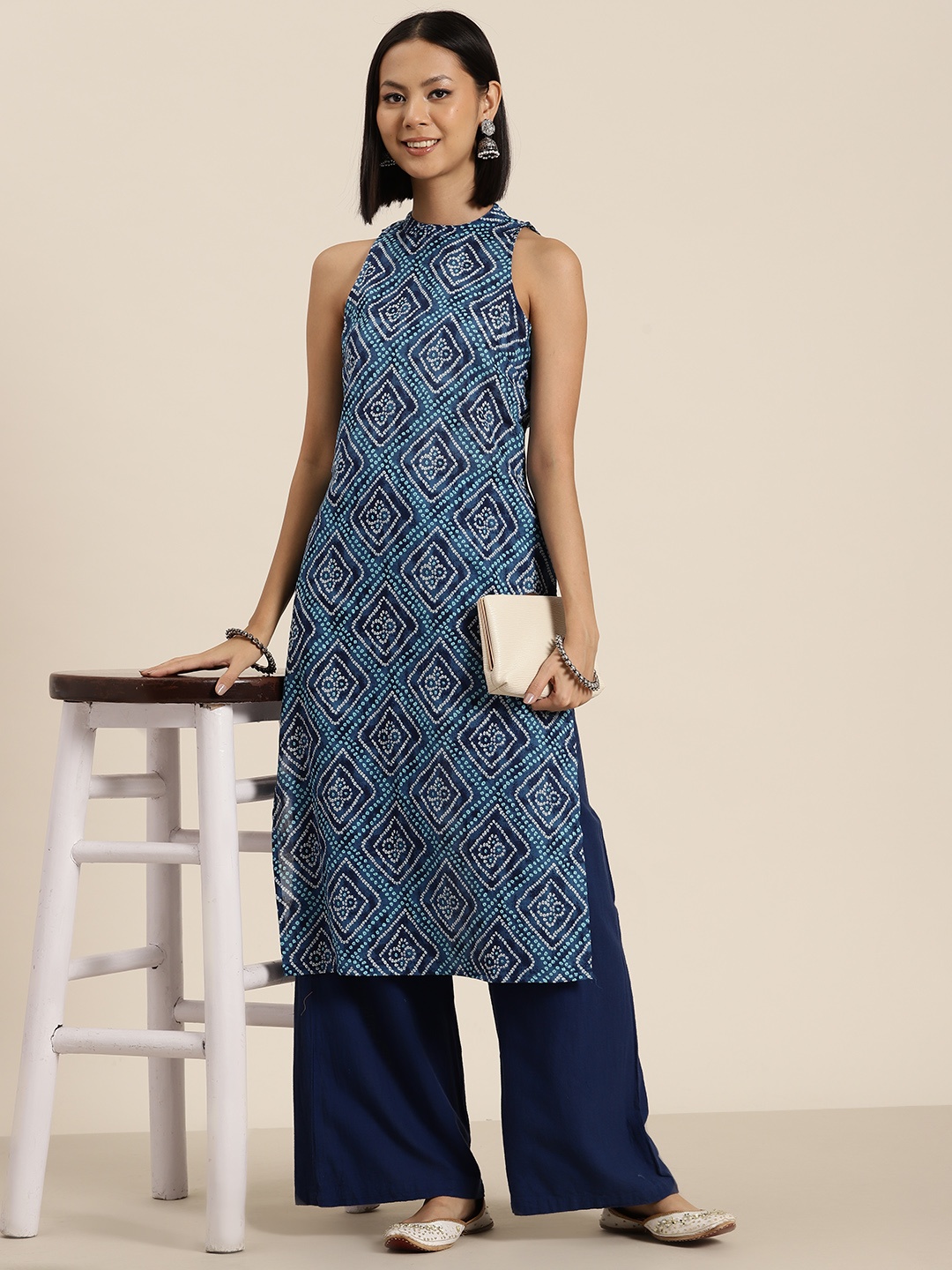 

HERE&NOW Pure Cotton Bandhani Printed Sleeveless Straight Kurta, Navy blue