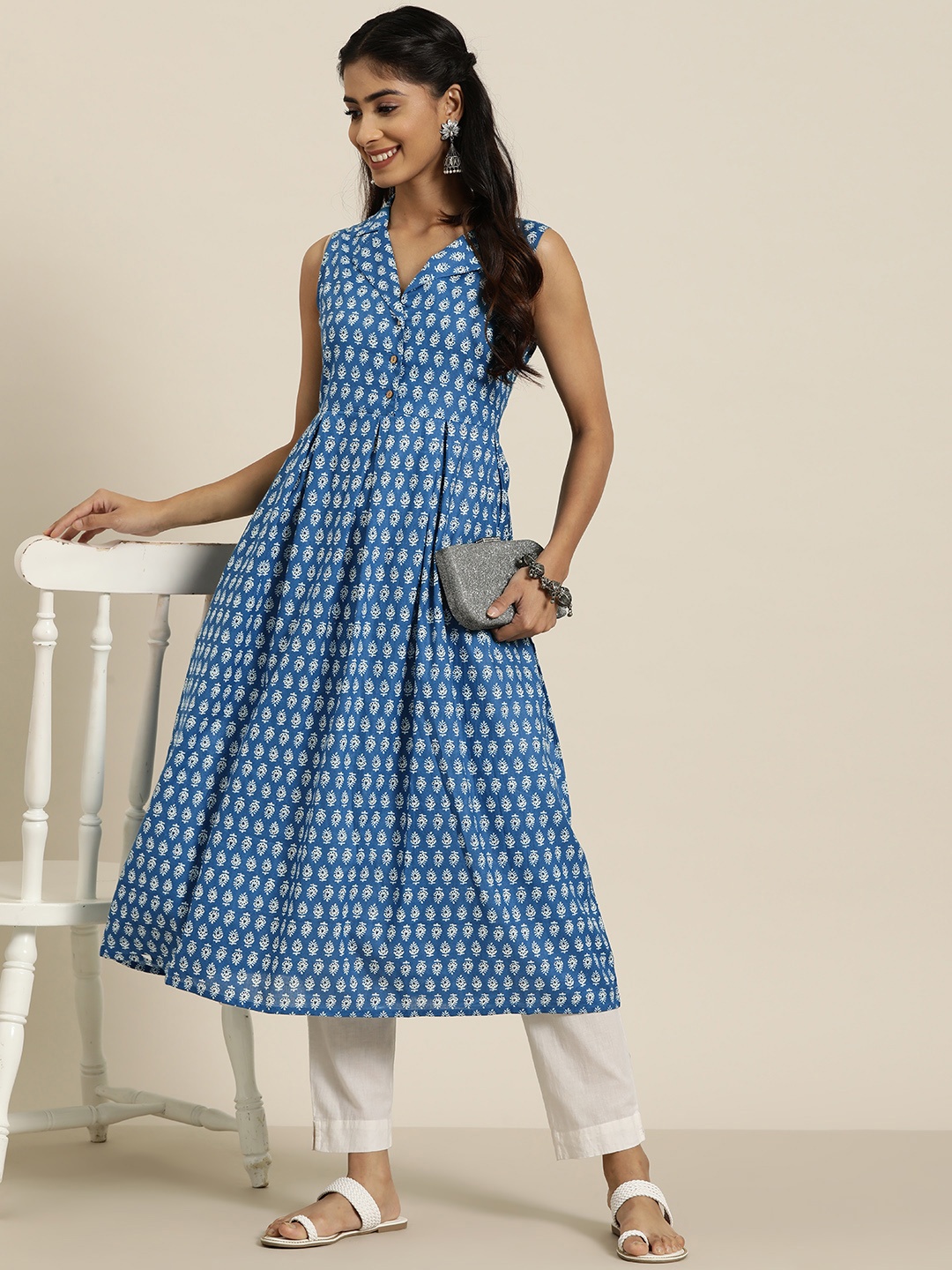 

HERE&NOW Pure Cotton Shirt Collar Printed Pleated Detail A-Line Kurta, Blue