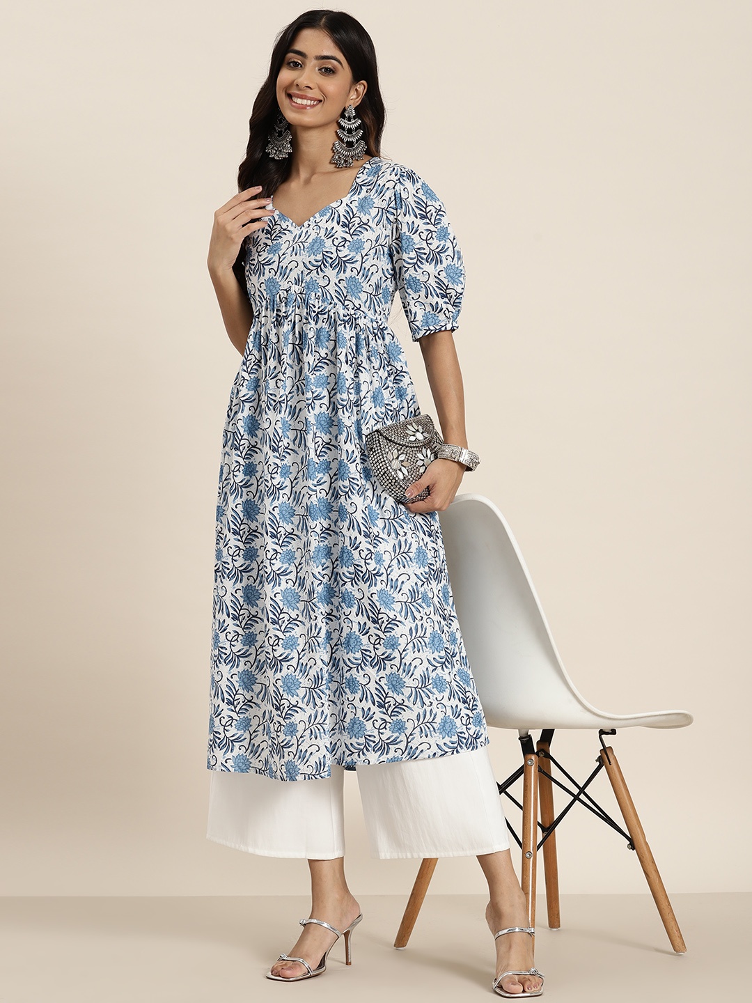 

HERE&NOW Floral Printed Pure Cotton Empire Kurta, Blue