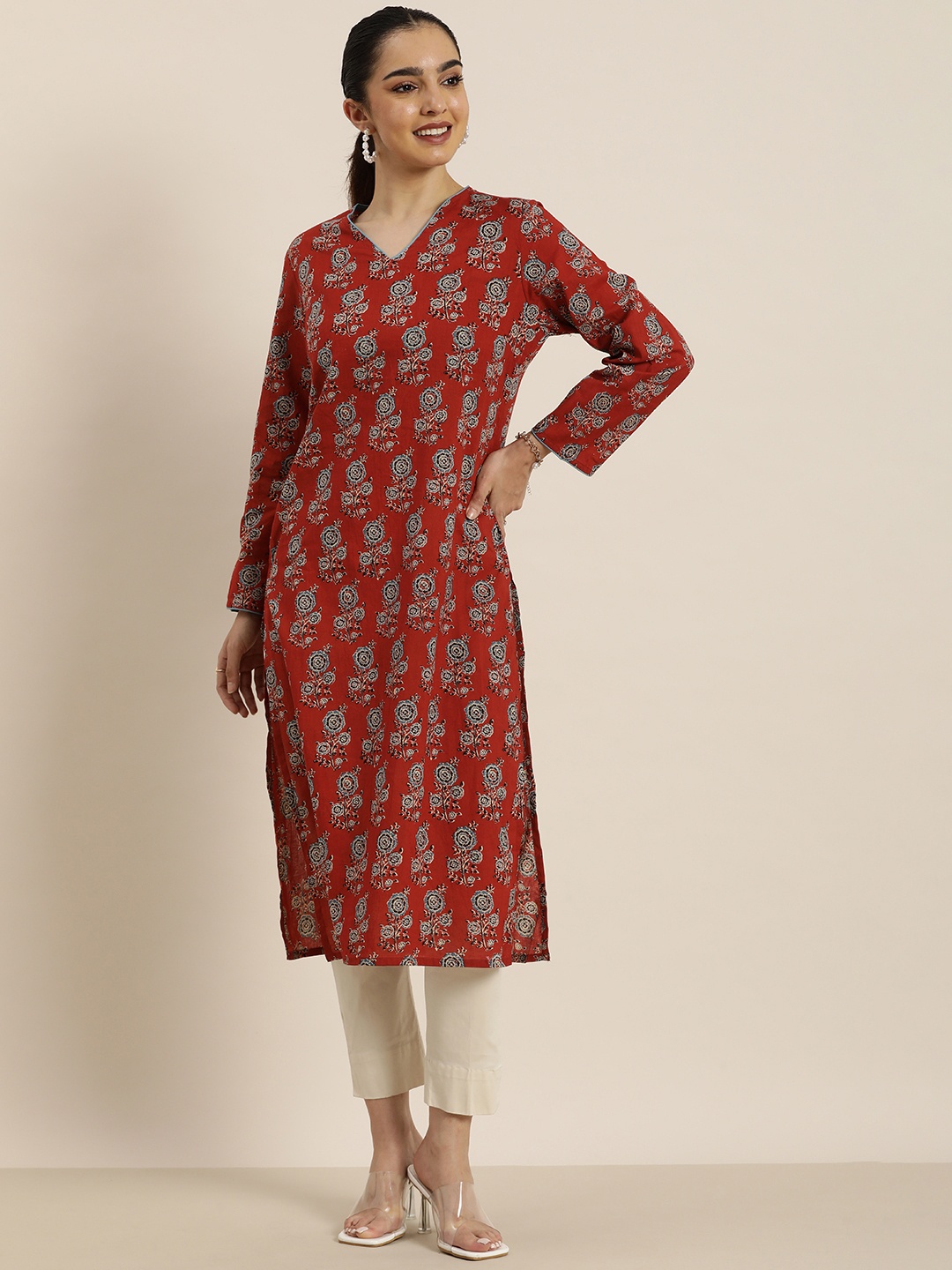 

HERE&NOW V-Neck Floral Printed Pure Cotton Kurta, Rust