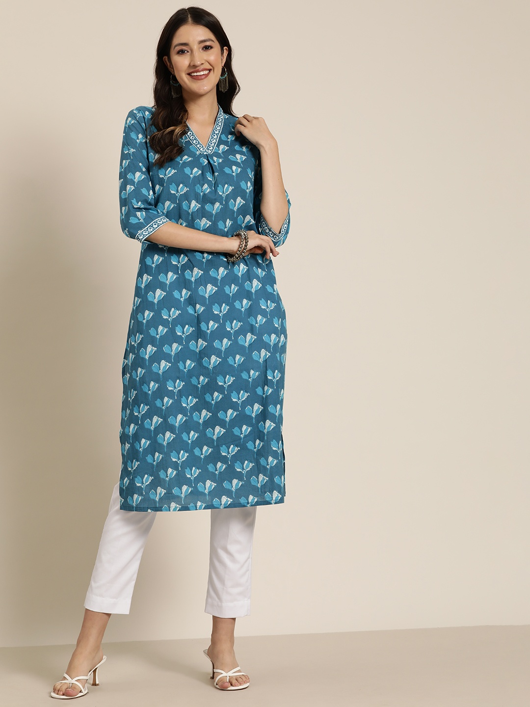 

HERE&NOW Floral Printed Pure Cotton Kurta, Blue
