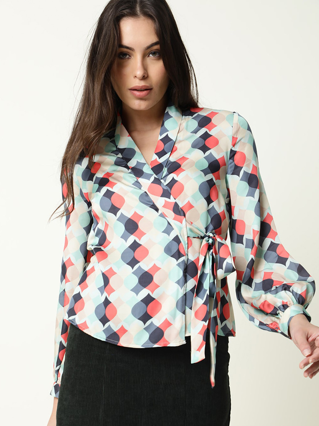 

RAREISM Geometric Printed Puffed Sleeves Wrap Top, Green