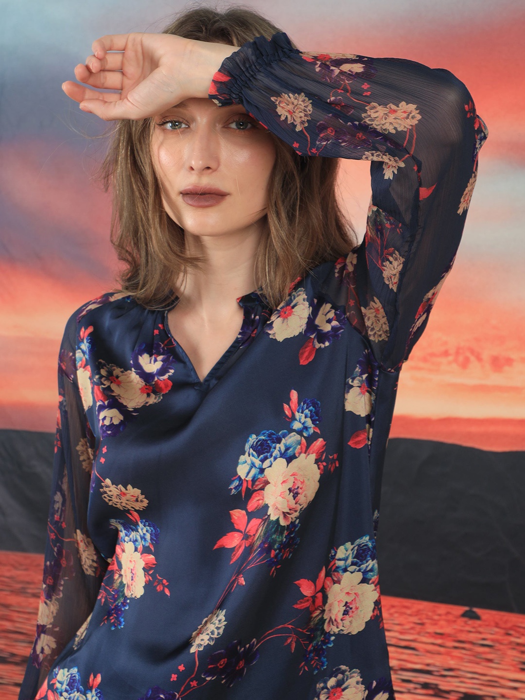 

RAREISM Floral Printed Mandarin Collar Cuffed Sleeves Top, Navy blue