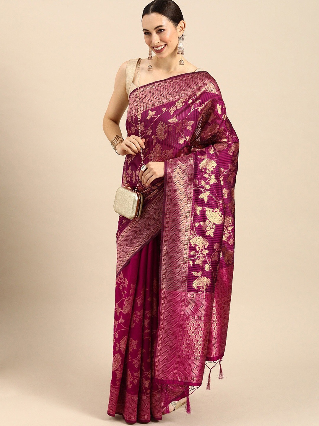 

KALINI Rose Floral Woven Design Zari Kanjeevaram Saree, Rose gold