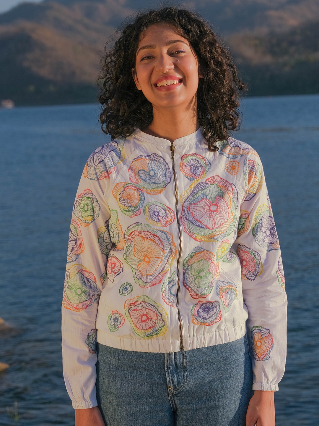 

OKHAI Floral Embroidered Pure Cotton Bomber Jacket, White