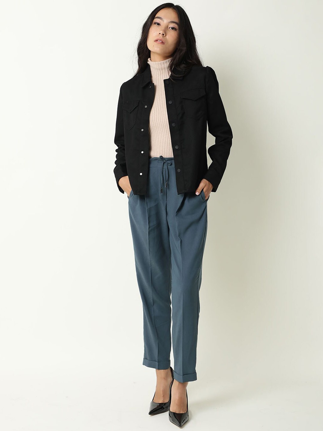 

RAREISM Women Straight Fit High-Rise Pleated Trousers, Teal