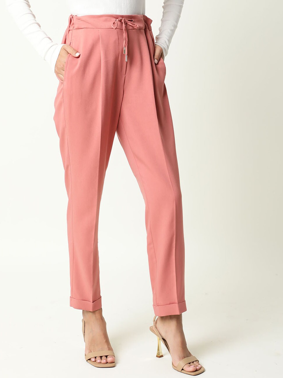 

RAREISM Women High Rise Plain Slim Fit Trousers, Peach