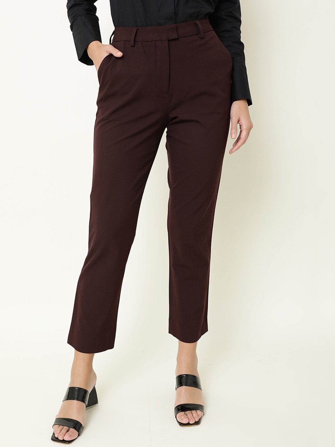 

RAREISM Women Slim Fit High-Rise Cropped Trousers, Maroon
