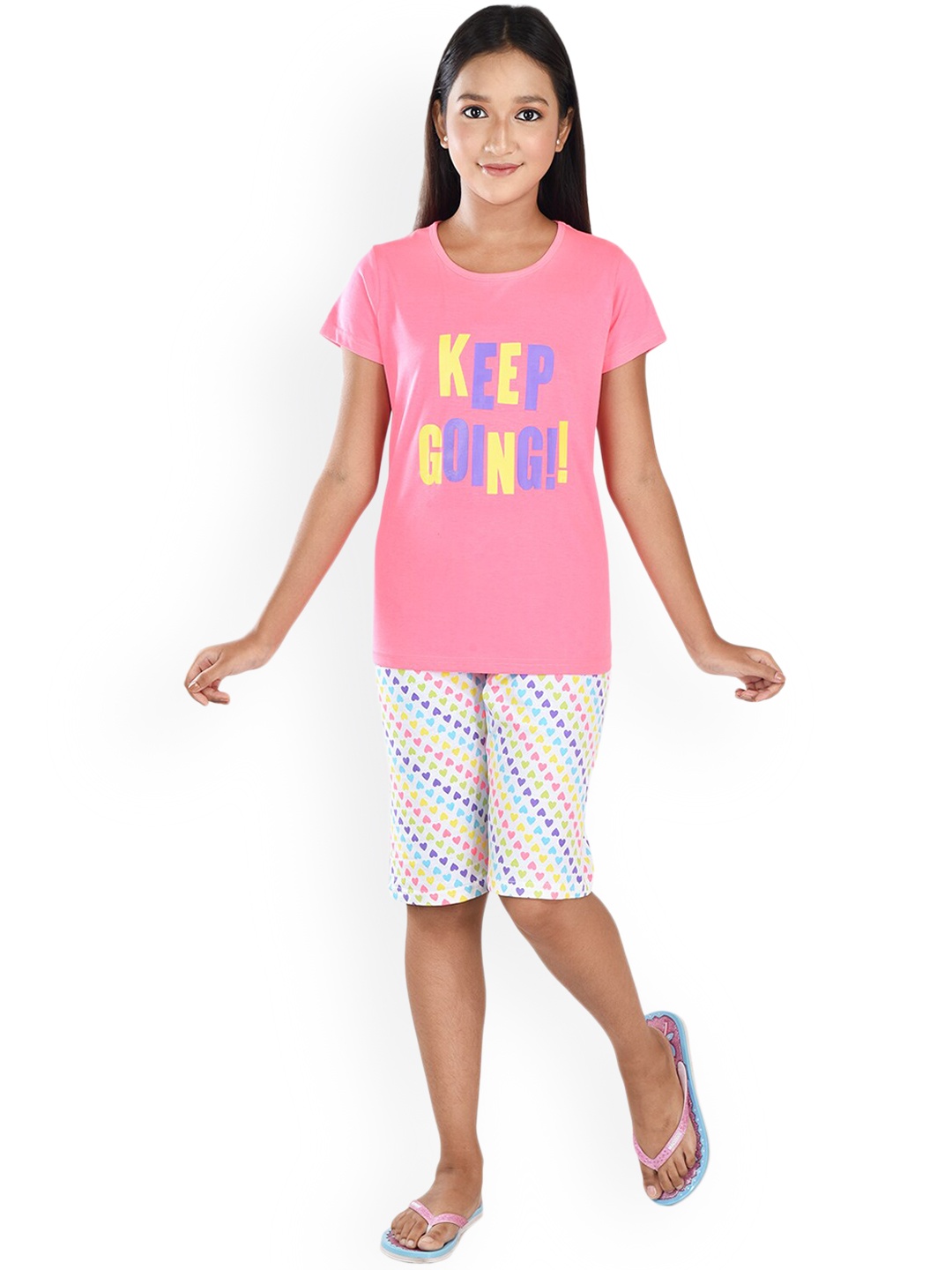 

Clothe Funn Girls Typography Printed Pure Cotton Night Suit, Pink